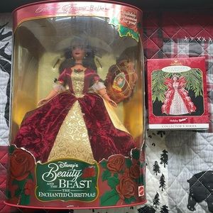 NEW Disney Belle Beauty & the Beast Christmas Barbie plus Ornament